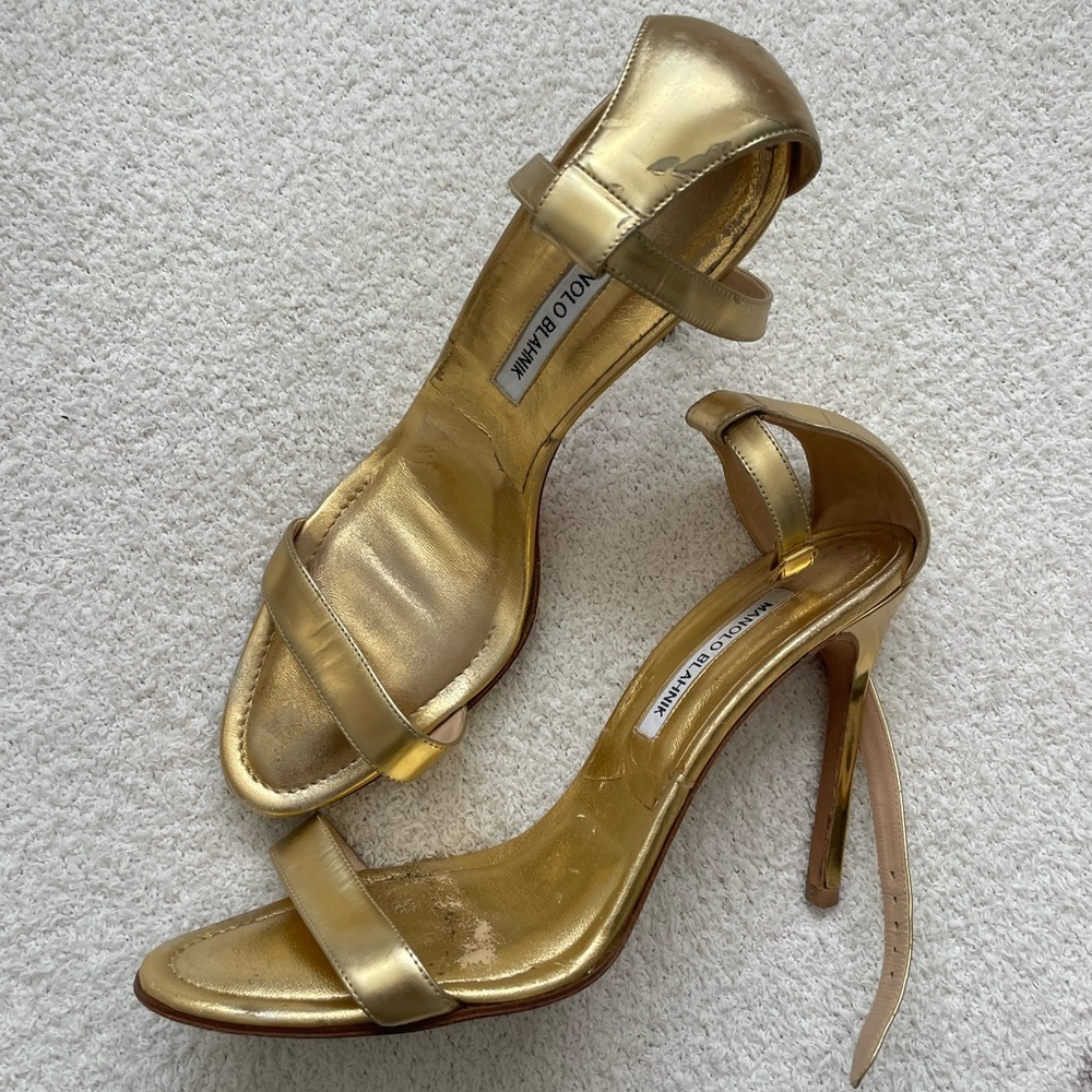 Manolo blahnik gold strap heels